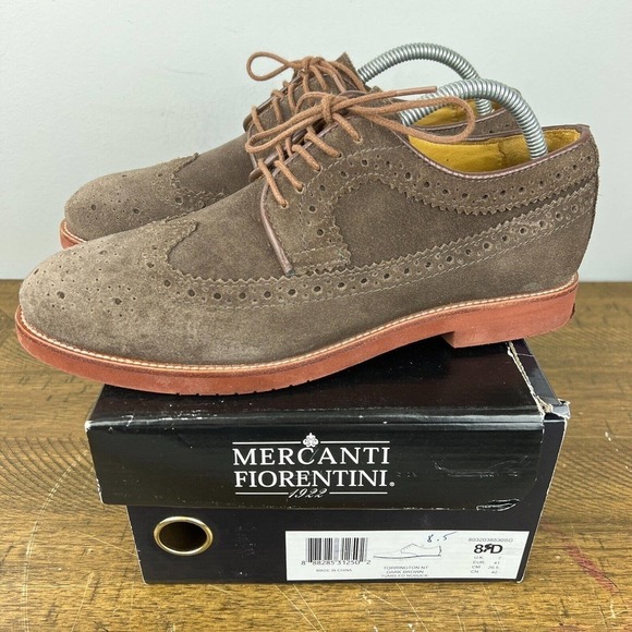 Mercanti Fiorentini Shoes Mens 8.5 Brown Suede Leather Wing Tip Oxford Relax - Picture 1 of 13